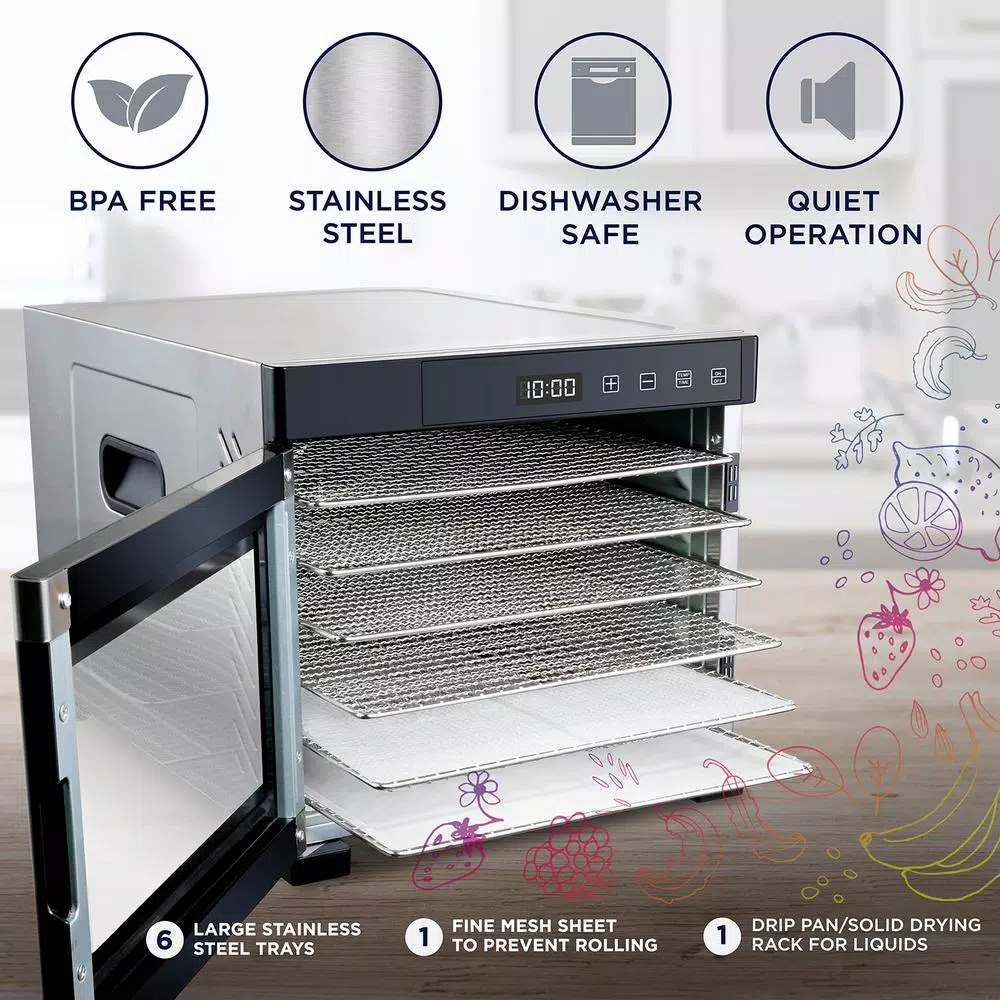 Ivation 6-Tray Stainless Steel Electric Food Dehydrator, 600W with Digital Timer and Temperature Control