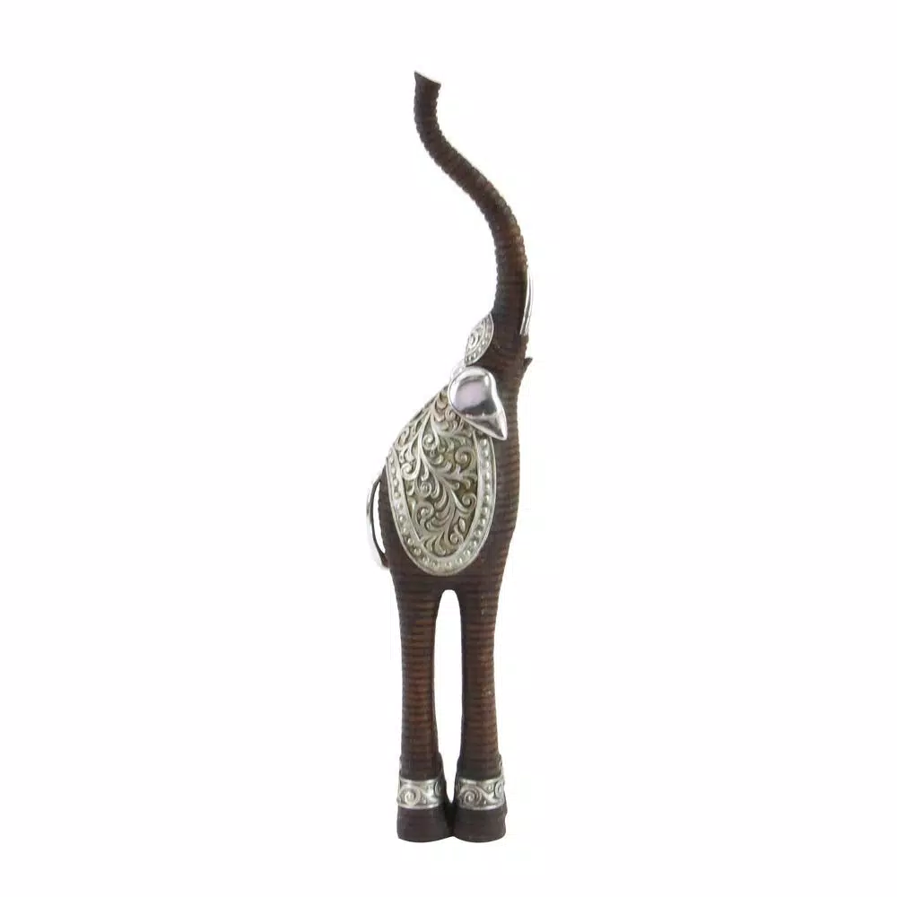 LITTON LANE 38 in. Elephant Decorative Sculpture with Raised Trunk - Brown and Silver Polystone Statuary