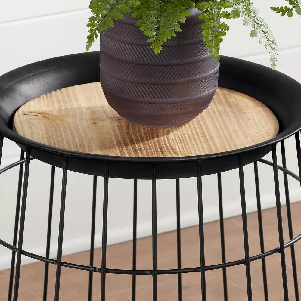 Home Decorators Collection Round Black Metal Decorative Basket Set with Wood Lid, Set of 2