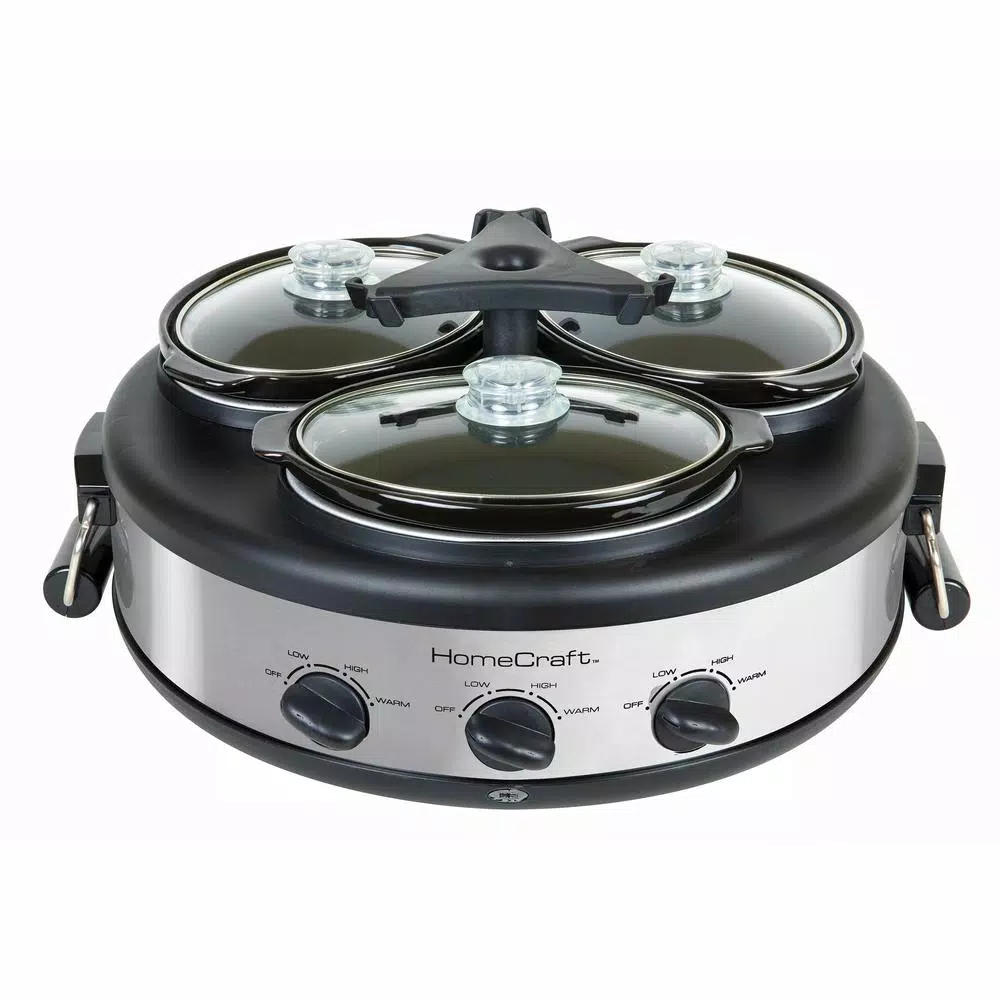 HomeCraft Triple 1.5 qt. Stainless Steel Slow Cooker Buffet Server with 3 Ceramic Pots