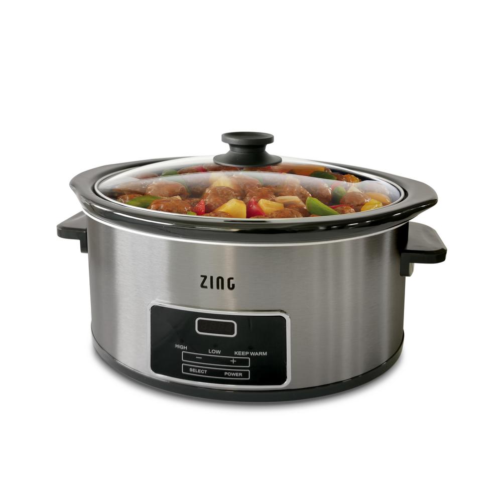 Zing 6 Qt. Oval Dark Stainless Steel Programmable Slow Cooker with Glass Lid