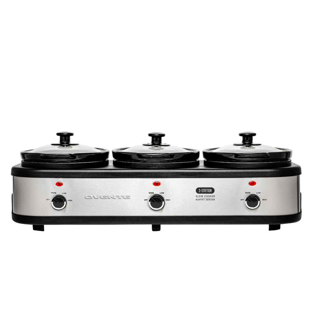 OVENTE 3-Station Slow Cooker and Buffet Server, 4.5 Qt. Silver Stainless Steel