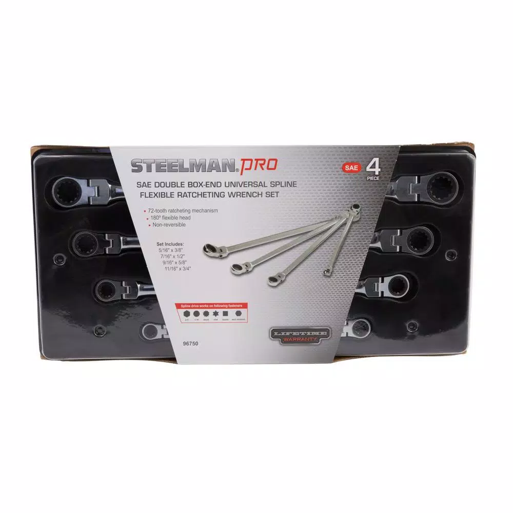 Steelman PRO 96750 SAE Flexible Universal Spline Ratcheting Wrench Set, 4-Piece