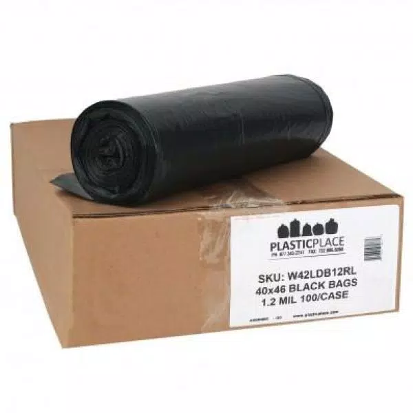 Plasticplace 40-45 Gallon Heavy Duty Black Trash Bags, 1.2 Mil Thickness, 100 Count