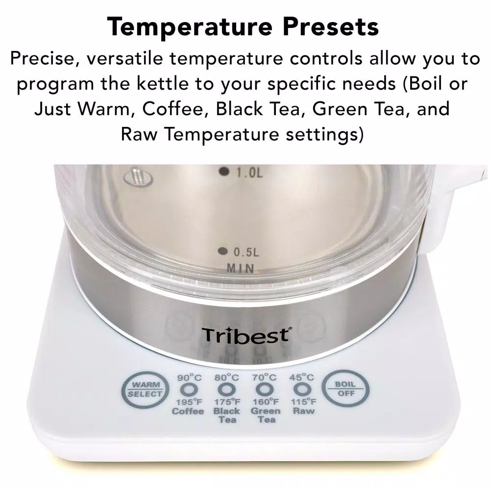 Tribest Glass Raw Tea Kettle, 1.7L Electric Kettle with Precision Temperature Presets, White