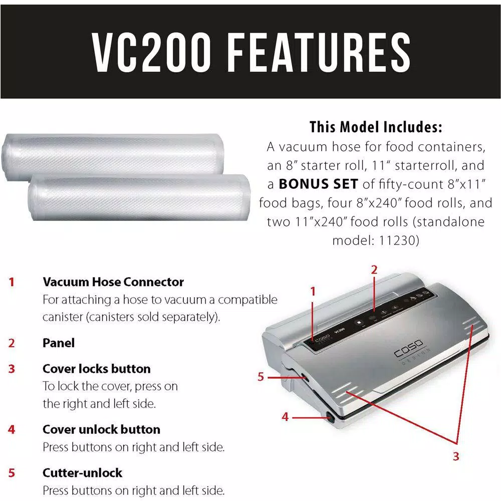 Caso VC 200 Food Vacuum Sealer with Integrated Cutter, Roll Box, and Bonus Bag & Roll Set