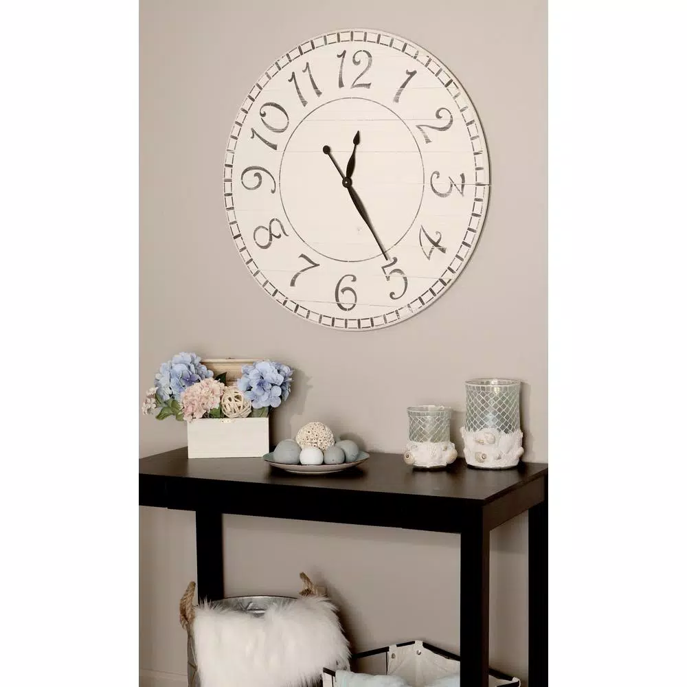 BrandtWorks 24 in. Oversized Antique White Farmhouse Wall Clock - Distressed Wood