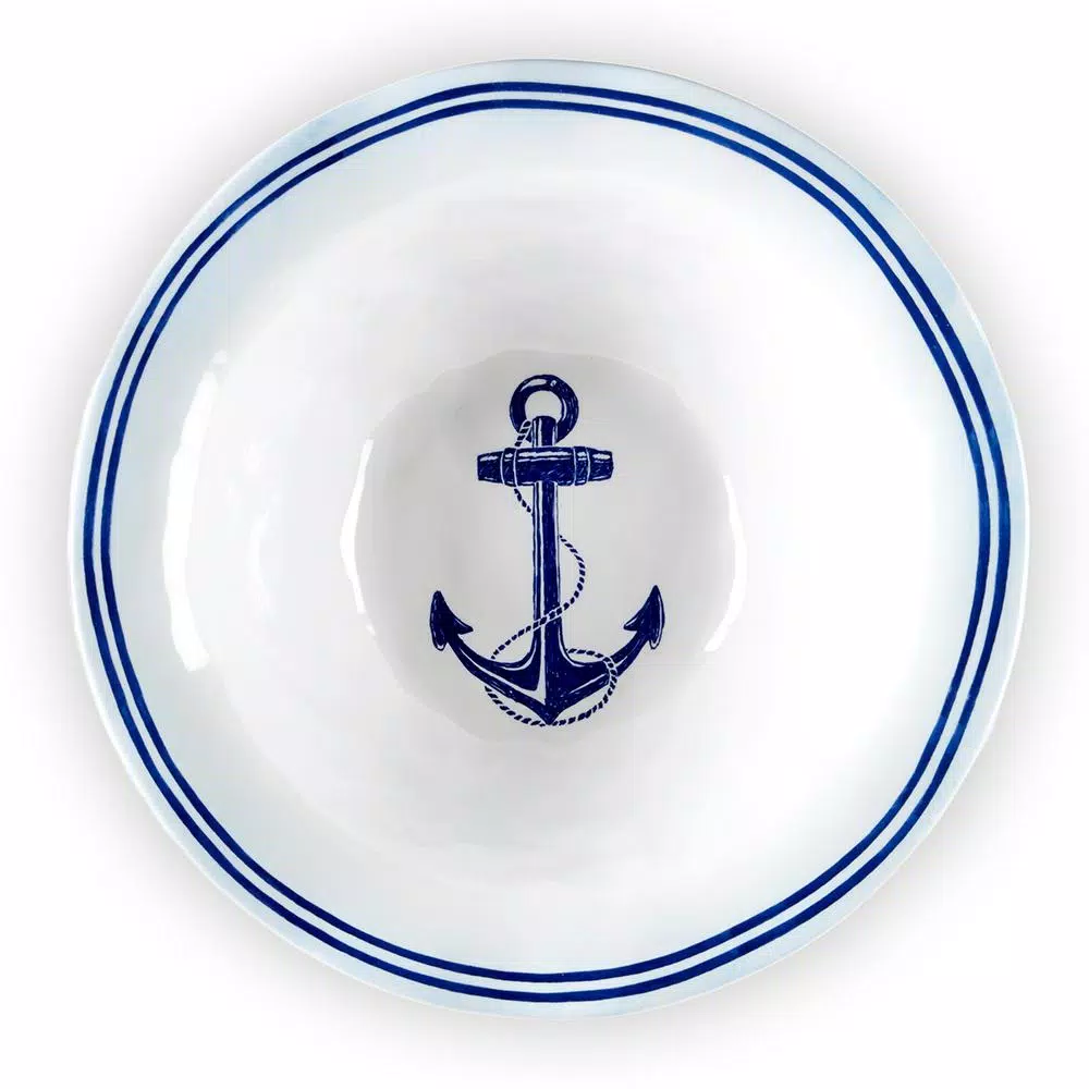 Q Squared Portsmouth 12 in. Melamine Serving Bowl - Coastal Blue Anchor & Compass Design