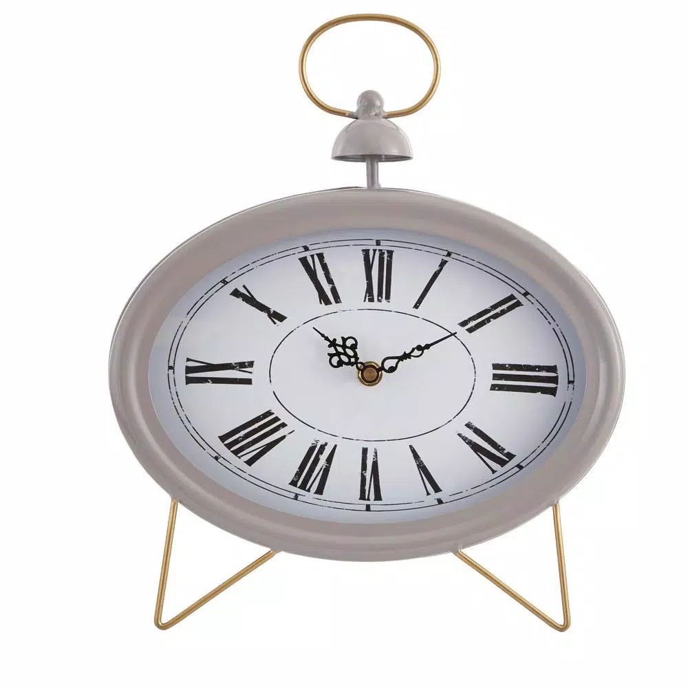 Winsome House Gray Oval Decorative Table Clock - Shabby Chic Analog Desk Clock with Roman Numerals