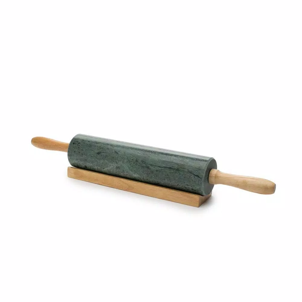 Fox Run Green Marble Rolling Pin with Wooden Handles and Base