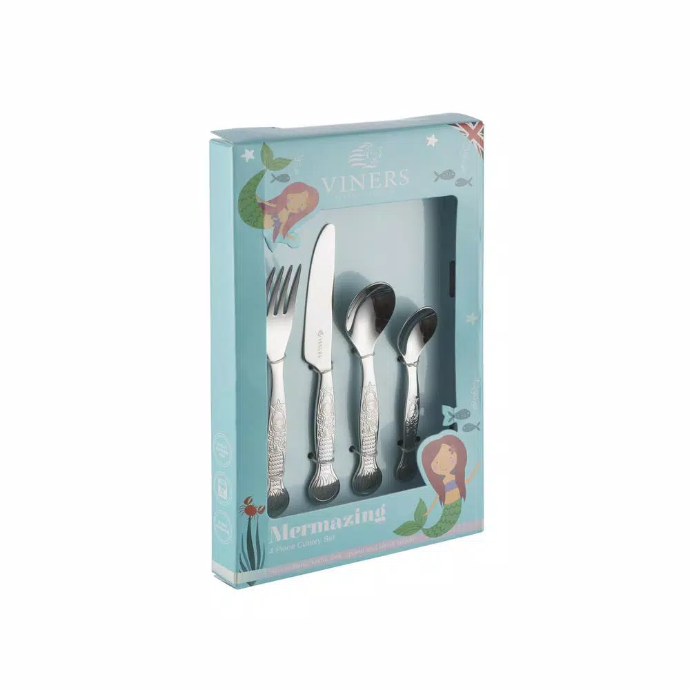 Viners Mermazing 4-Piece Stainless Steel Kids Cutlery Set with Mermaid Handle and Gift Box