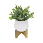 Flora Bunda 10.75 in. Faux Tea Leaf Plant in White Ridge Pattern Ceramic Planter with Wood Stand thumbnail 1