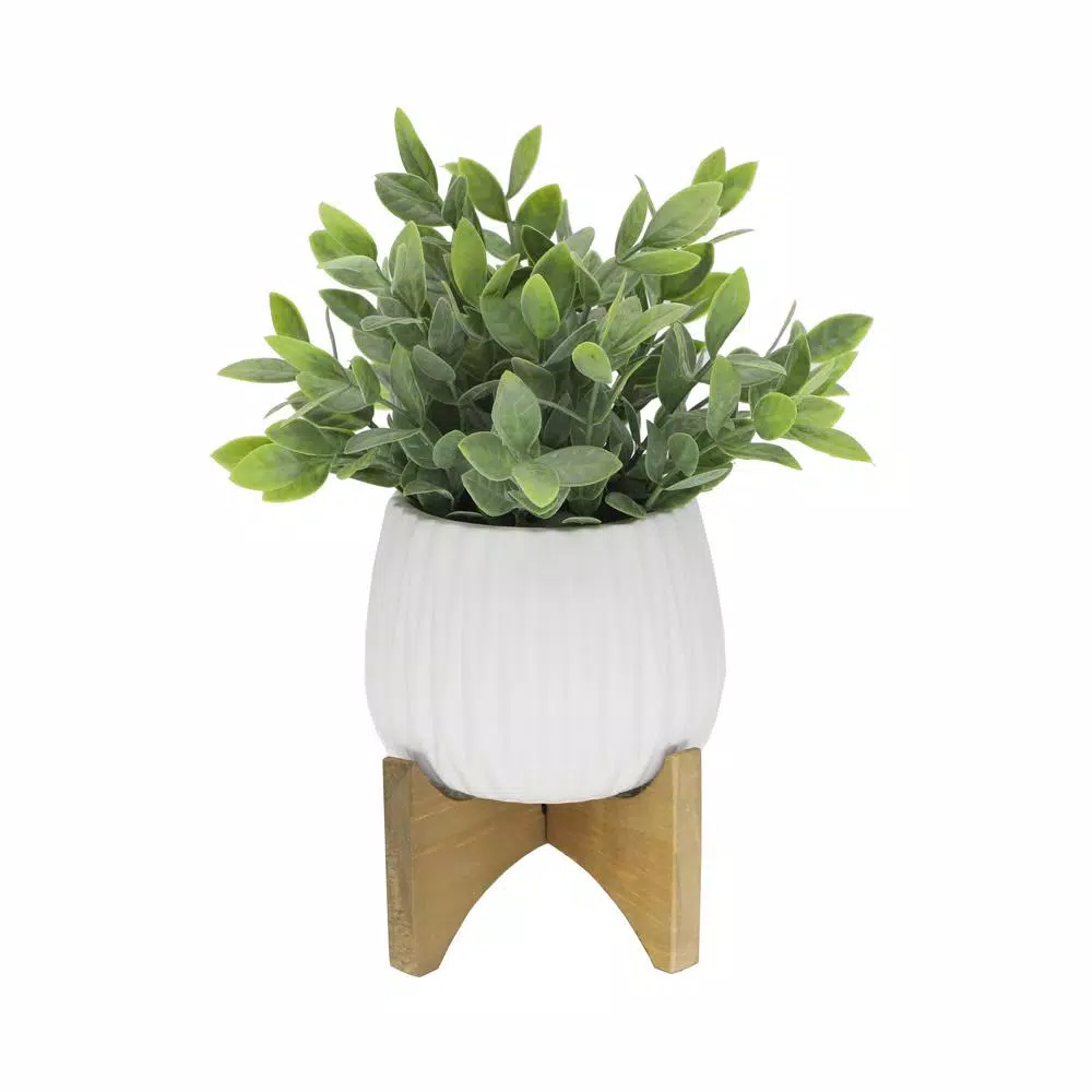 Flora Bunda 10.75 in. Faux Tea Leaf Plant in White Ridge Pattern Ceramic Planter with Wood Stand