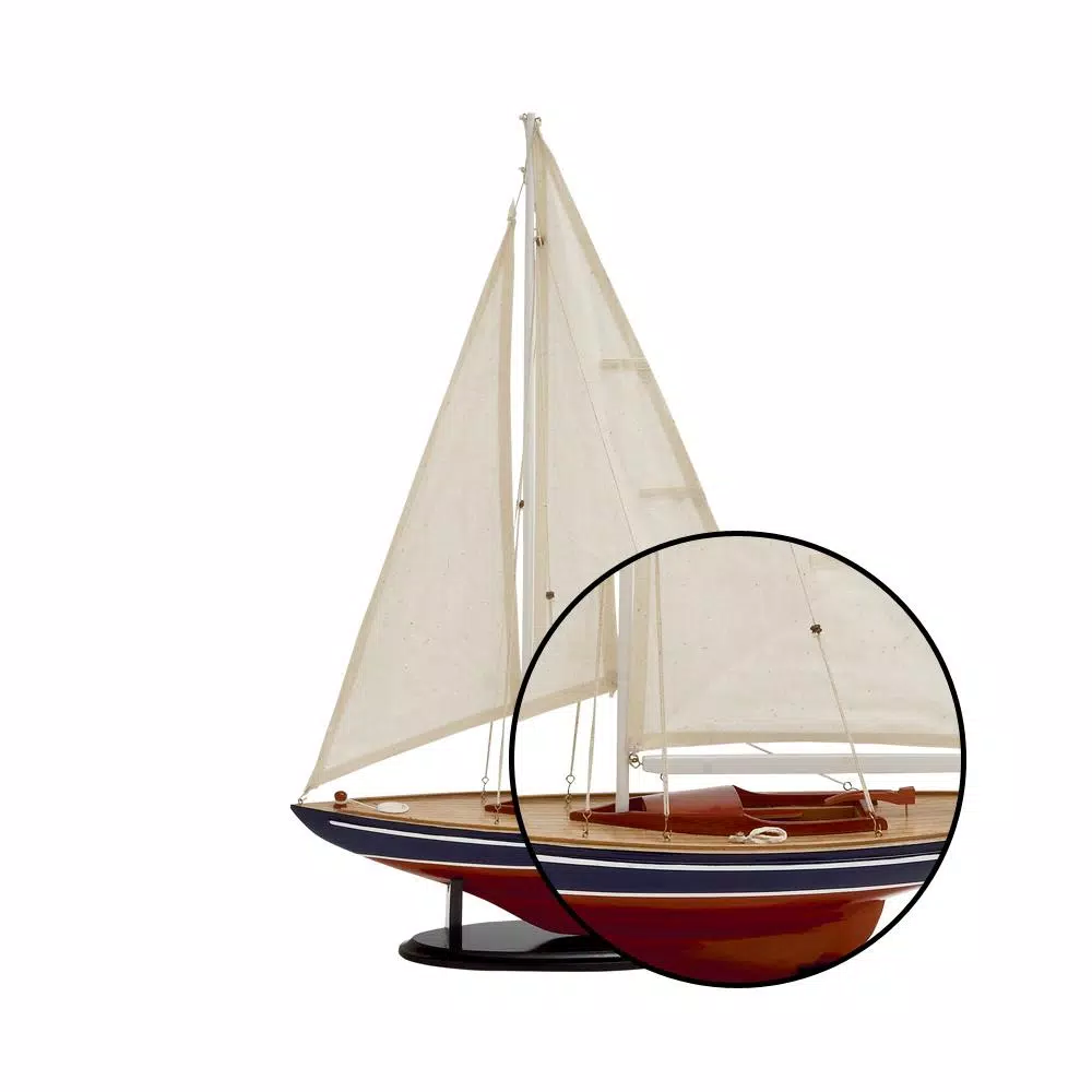 LITTON LANE 26 Inch Rustic Wooden Sailing Ship Model - Coastal Birch Wood Sculpture with Fabric Sails