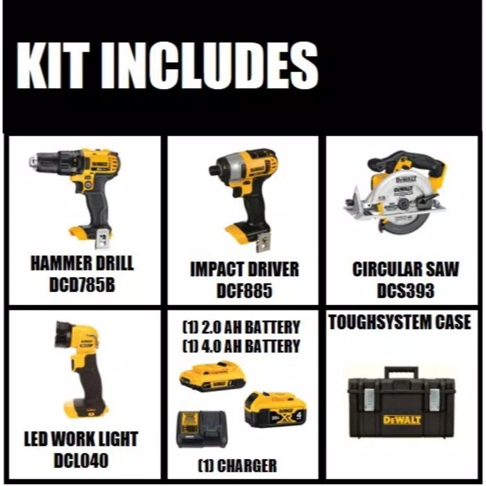 DEWALT 20V MAX Lithium-Ion Cordless 4-Tool Combo Kit with TOUGHSYSTEM Case, 2Ah & 4Ah Batteries