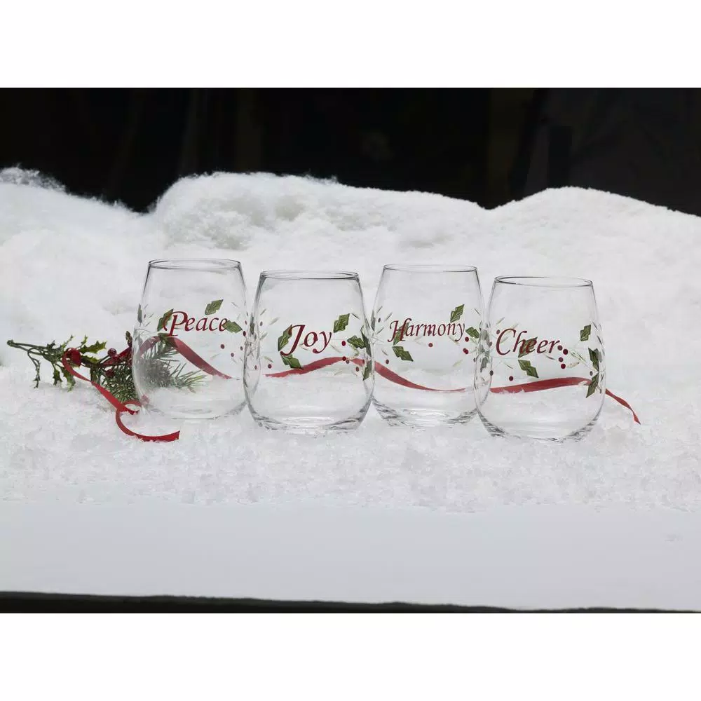 Pfaltzgraff Winterberry 20 oz. Stemless Wine Glasses, Set of 4 with Holiday Sentiments