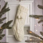 Glitzhome 24 in. White Knitted Polyester Christmas Stocking with Pom Pom Balls thumbnail 5
