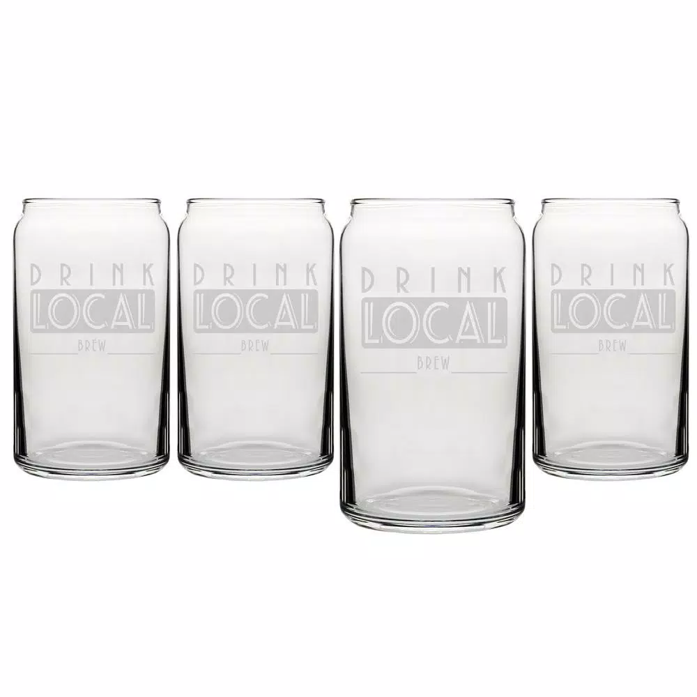 Cathy's Concepts Drink Local 16 oz. Craft Beer Can Glasses - Set of 4 Hand-Blown Glassware