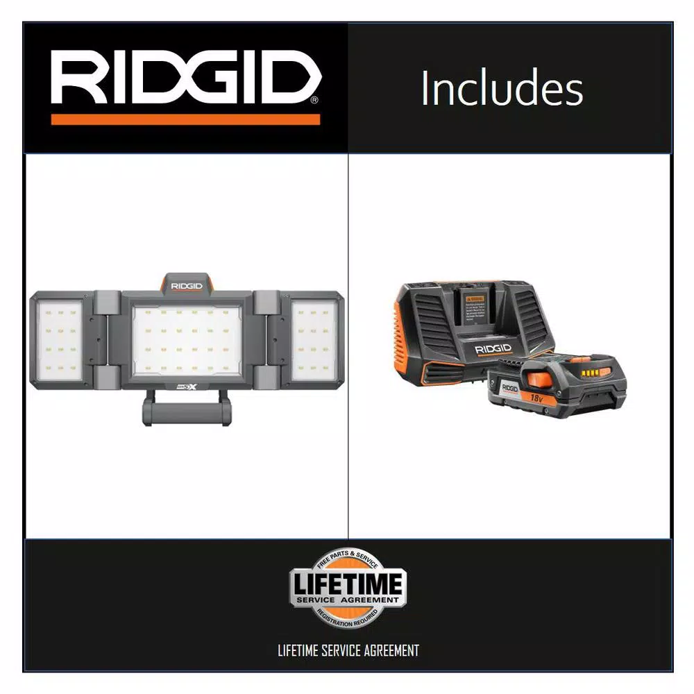 RIDGID 18V Hybrid Folding Panel LED Work Light Kit with 2.0 Ah Battery and Charger