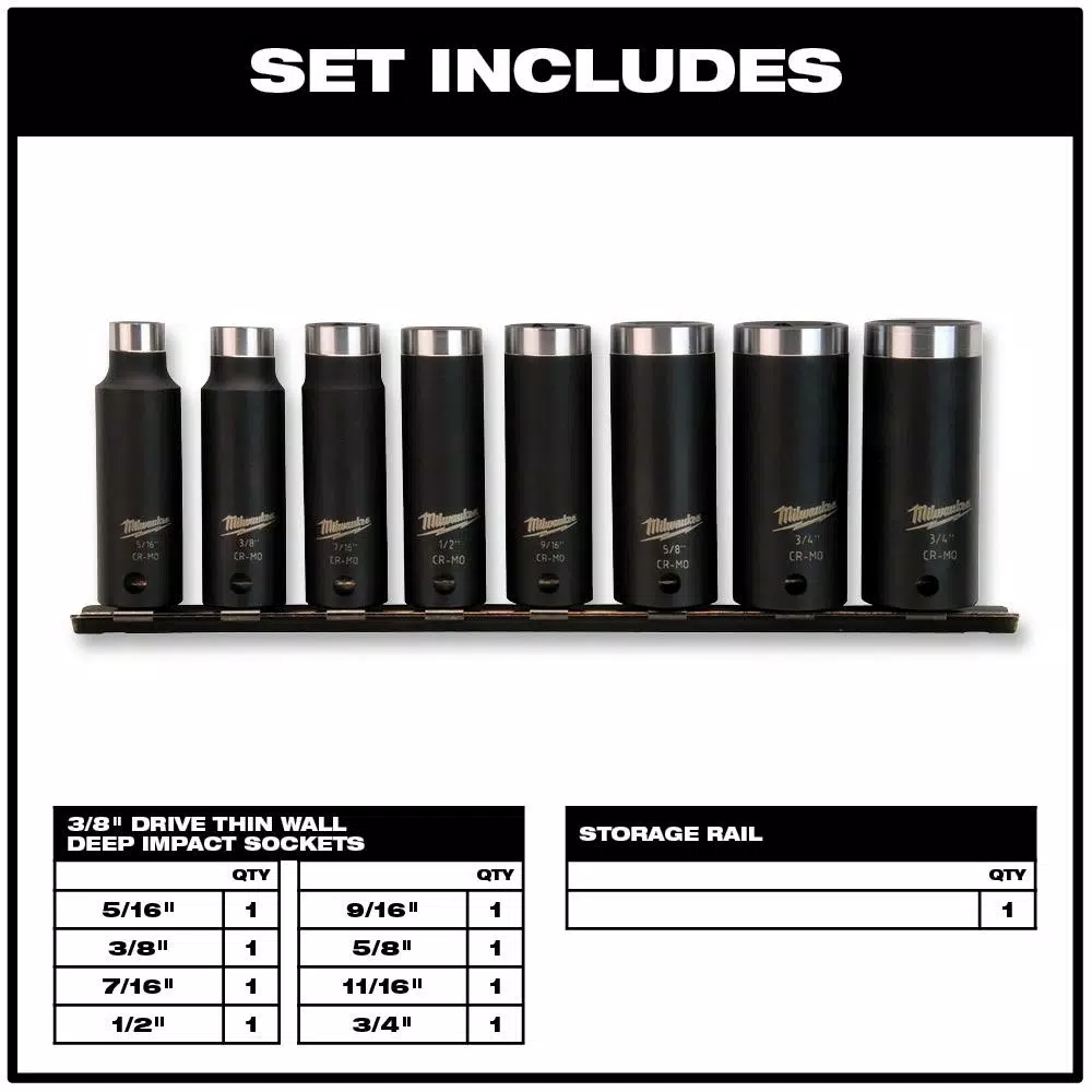 Milwaukee SHOCKWAVE 3/8 in. Drive SAE Deep Well Impact Socket Set, 8-Piece