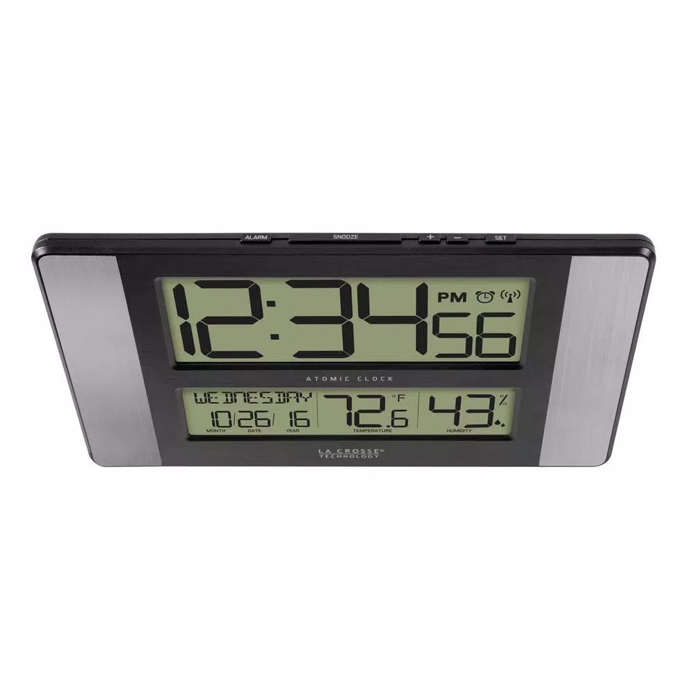 La Crosse Technology 11 in. Atomic Digital Wall Clock with Temperature, Humidity & Calendar - Aluminum Finish