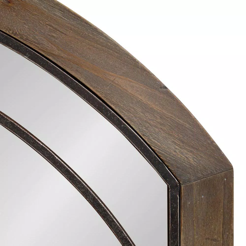 Kate and Laurel Haldron Rustic Brown Wood Arch Mirror with Iron Fretwork, 36 x 24 in.
