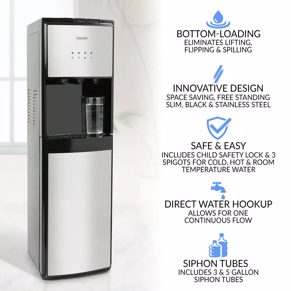 Igloo Bottom Loading Water Dispenser - Hot, Cold & Room Temperature - Black & Stainless Steel