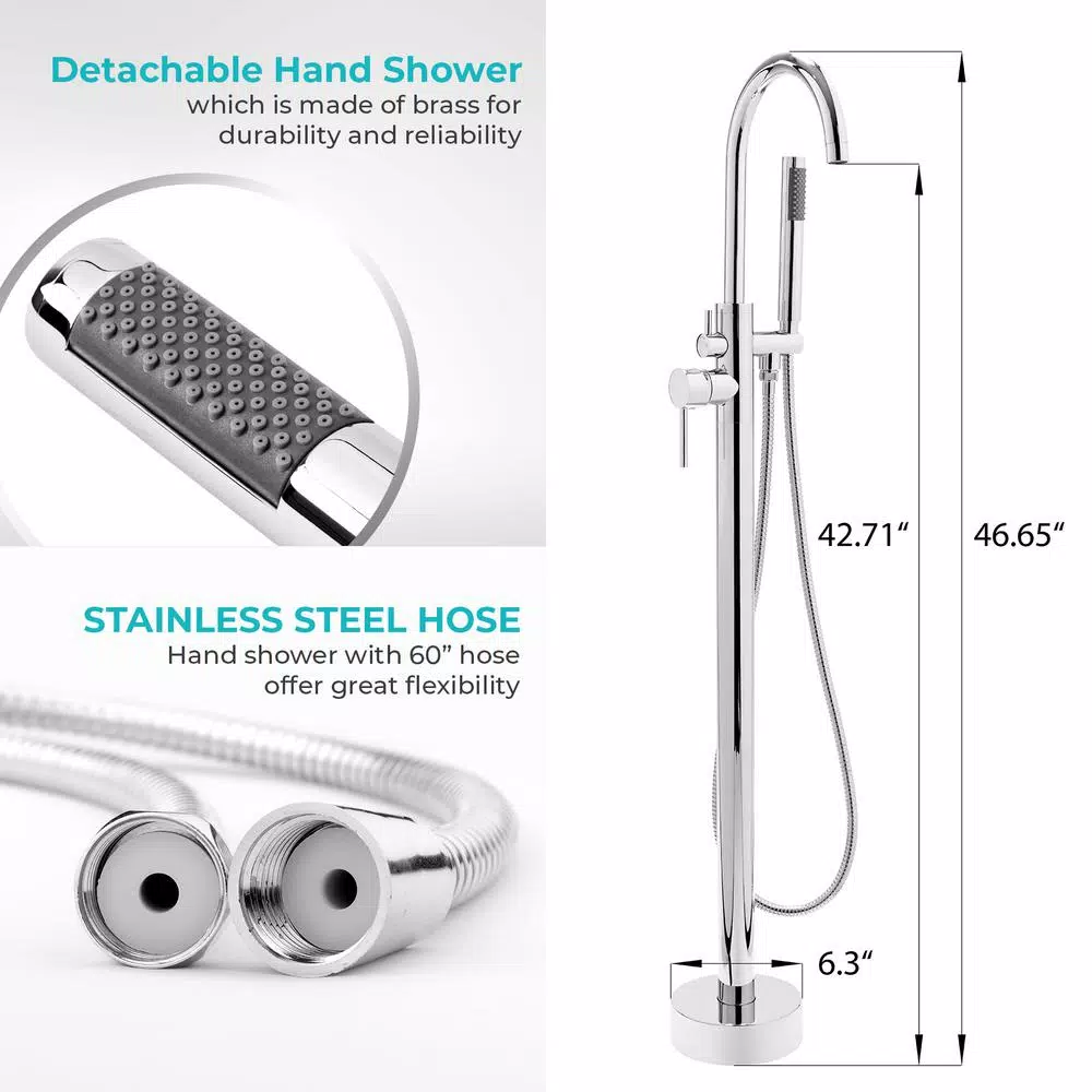 AKDY Freestanding Floor Mount Roman Tub Faucet with Hand Shower, Chrome
