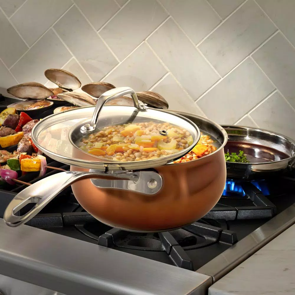 Oster Carabello 2.6 Qt. Stainless Steel Nonstick Saucepan with Glass Lid, Copper