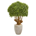 Nearly Natural 41 in. Artificial Boxwood Topiary Tree in Sandstone Planter with Natural Stones thumbnail 1