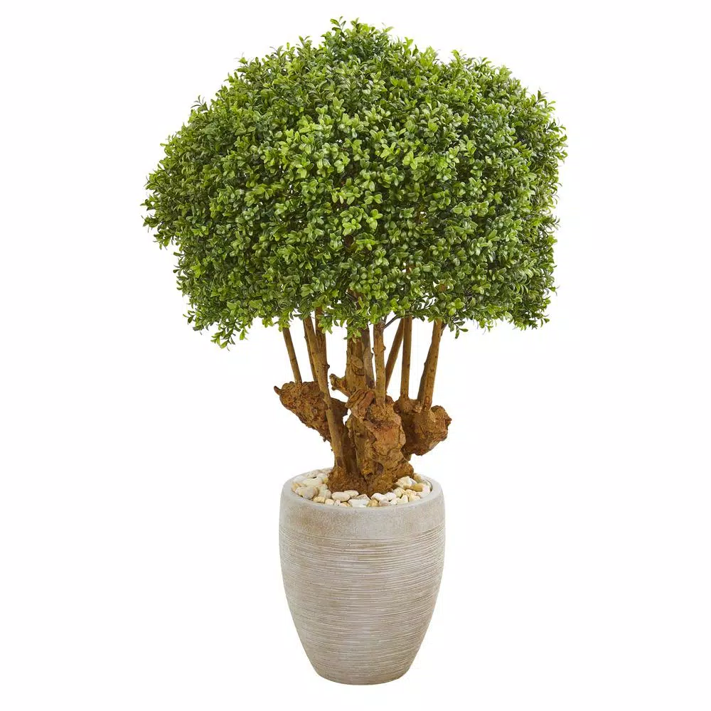 Nearly Natural 41 in. Artificial Boxwood Topiary Tree in Sandstone Planter with Natural Stones