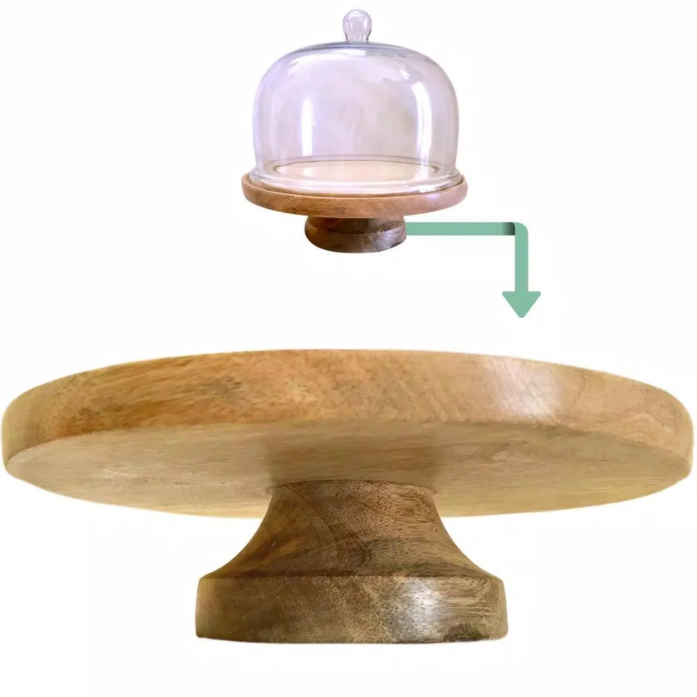 Kauri Design Rustic Mango Wood Cake Stand with Glass Top - 12 in. Round Pedestal Display