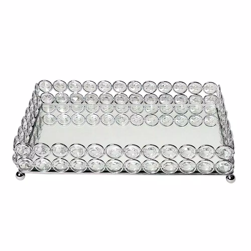 Elegant Designs 10.5 in. Chrome Ellipse Crystal Decorative Mirrored Jewelry and Makeup Vanity Organizer Tray