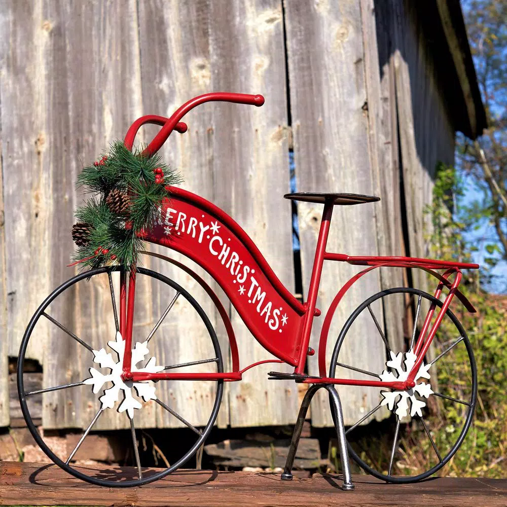 Unbranded 25 in. Red Iron Lighted Merry Christmas Bicycle Decor with LED Wreath