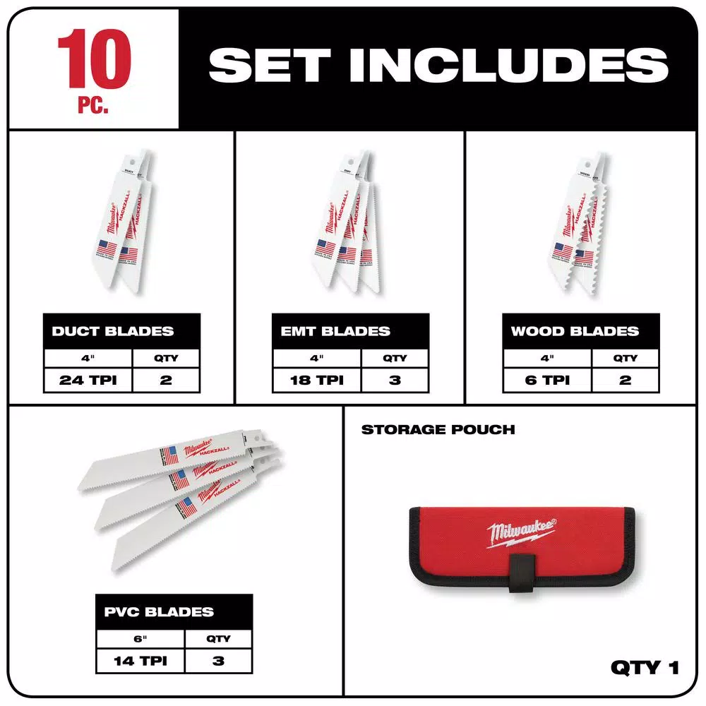 Milwaukee M12 HACKZALL Bi-Metal Reciprocating Saw Blade Kit, 10-Piece with Storage Pouch