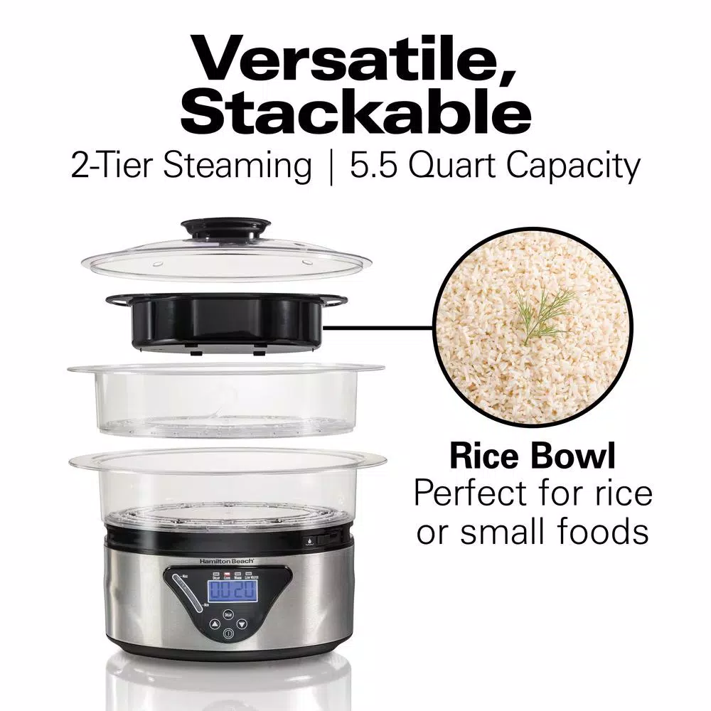Hamilton Beach 22-Cup Digital Food Steamer and Rice Cooker, 5.5 Qt, Black