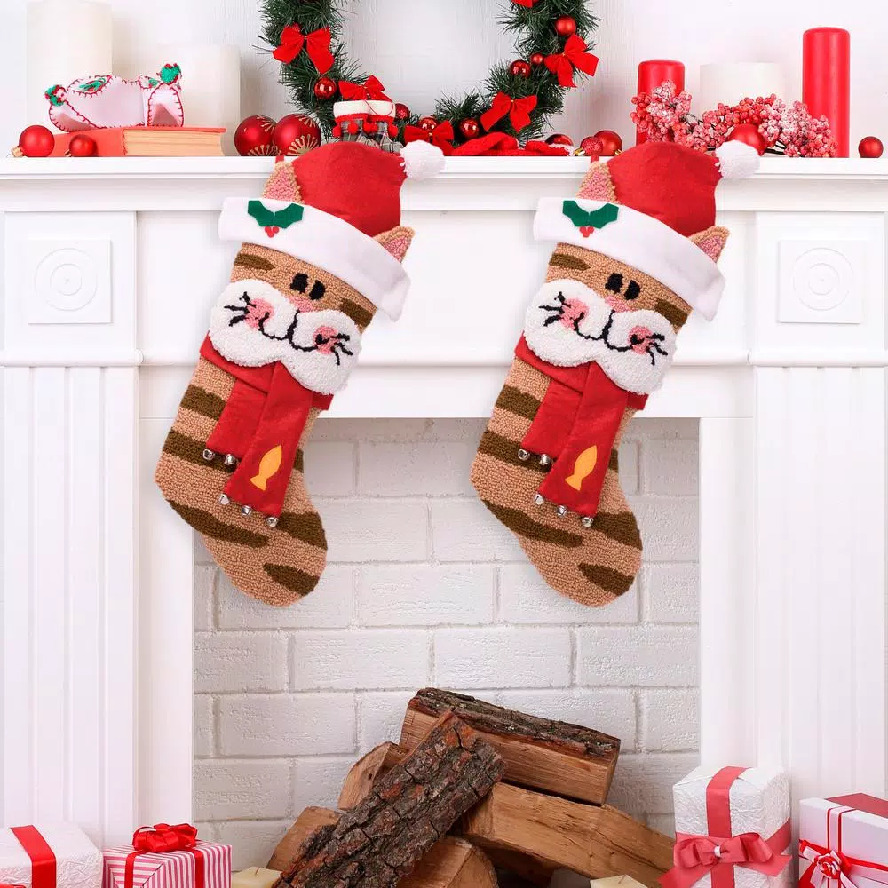 Glitzhome 22 in. 3D Cat Hooked Christmas Stockings, 2-Pack