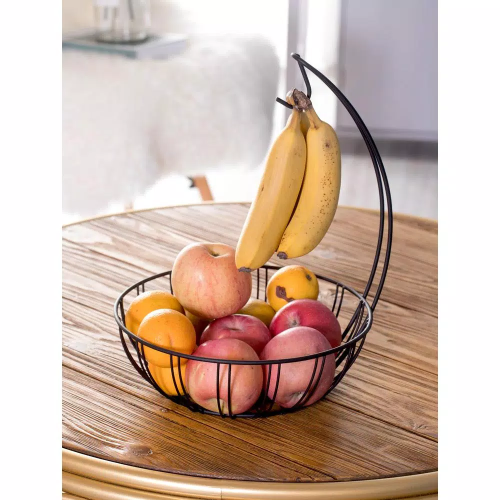 Basicwise Wire Metal Fruit Basket Holder with Integrated Banana Hanger - Black
