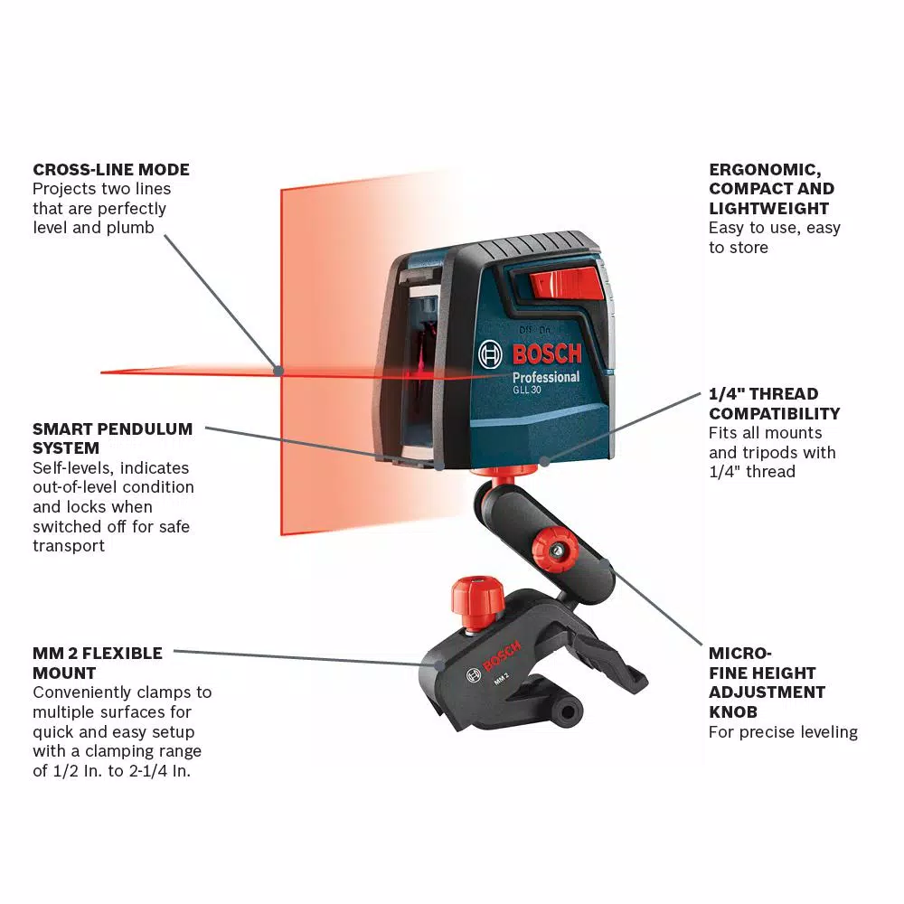 Bosch GLL30-RT Factory Reconditioned Self-Leveling Cross-Line Laser Level Kit, 30 ft.