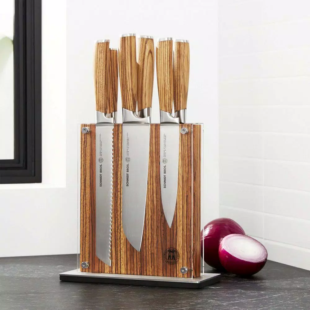 SCHMIDT BROS. 7-Piece Zebra Wood and German Stainless Steel Knife Set with Magnetic Midtown Block