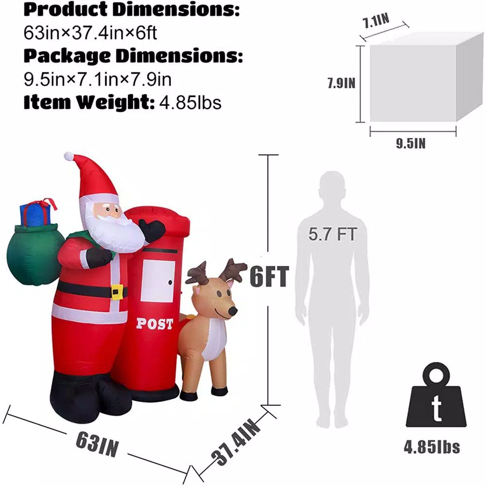 JOYDECOR 6 ft. Santa Claus with Postbox and Reindeer Christmas Inflatable with LED Lights
