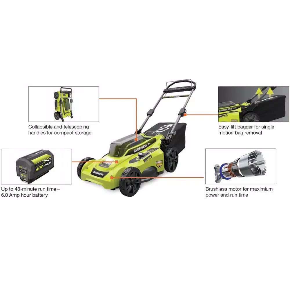 RYOBI 40V 20 in. Brushless Cordless Push Lawn Mower with 6 Ah Battery and Charger Included