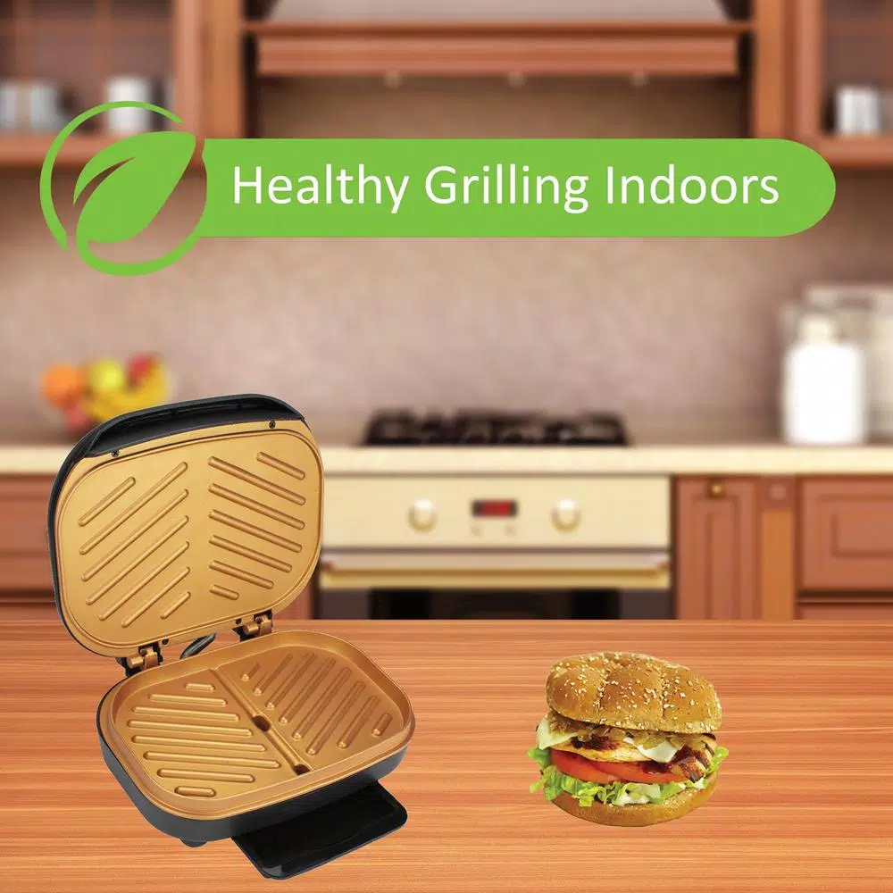 Brentwood Appliances 750W Indoor Electric Copper Grill and Panini Press, 2-Serving, Black