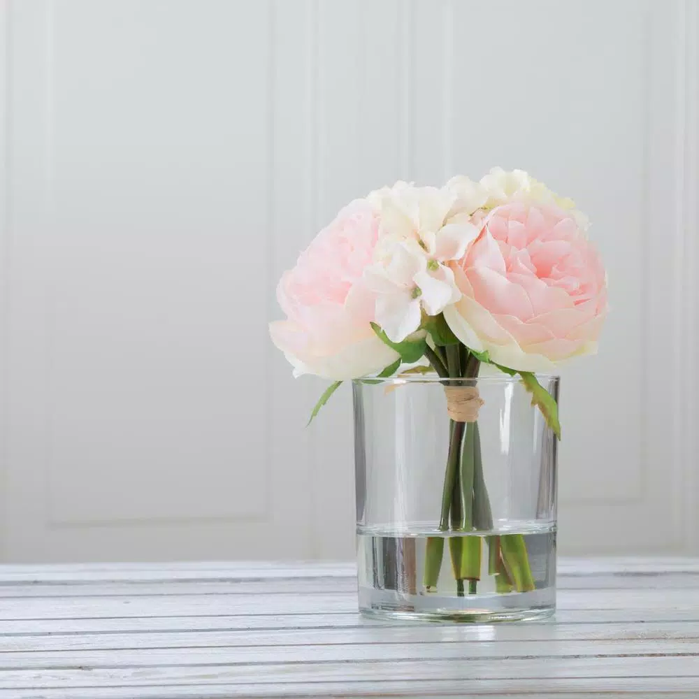 Pure Garden 7.5 in. Pink and Cream Hydrangea and Rose Floral Arrangement in Glass Vase