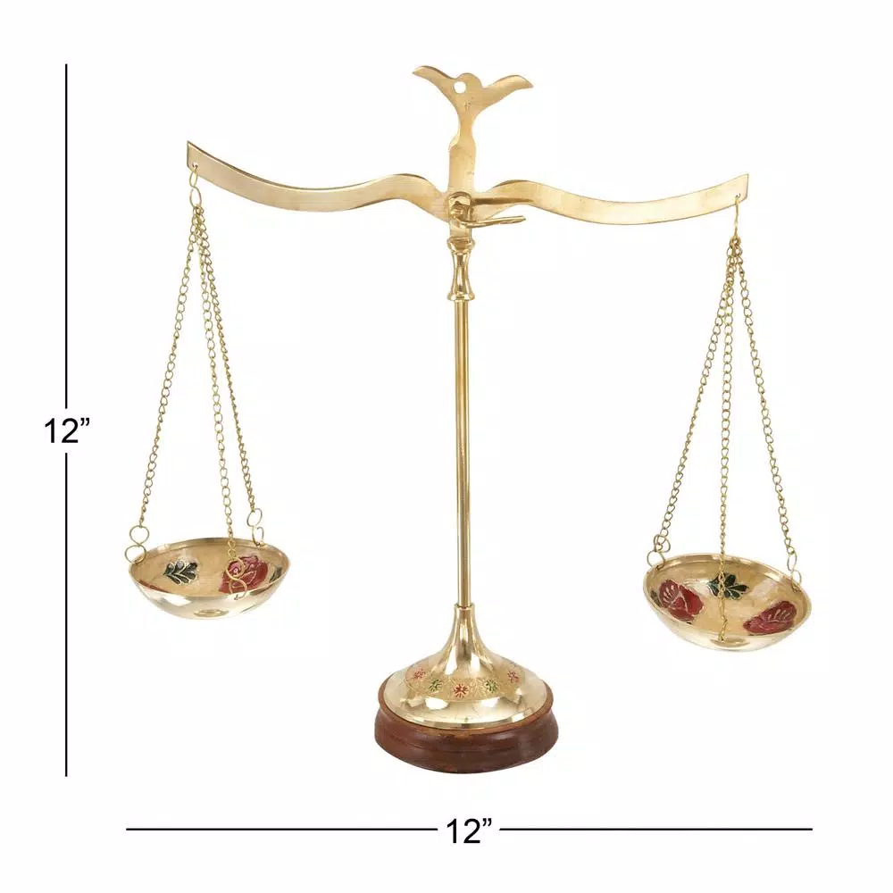 LITTON LANE 12 in. Polished Brass Equilibrium Scale Decor with Floral Embroidery and Wood Base