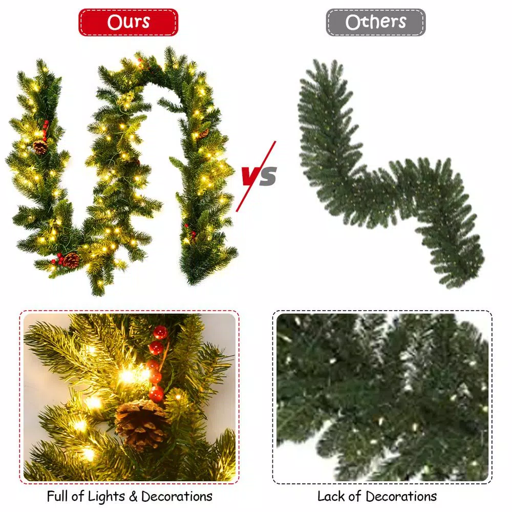 Costway 9 ft. Pre-Lit LED Artificial Fall & Christmas Garland with 100 Warm White Lights and Timer