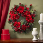 Nearly Natural 24 in. Artificial Poinsettia and Pine Wreath with Berries and Pine Cones, Red thumbnail 2
