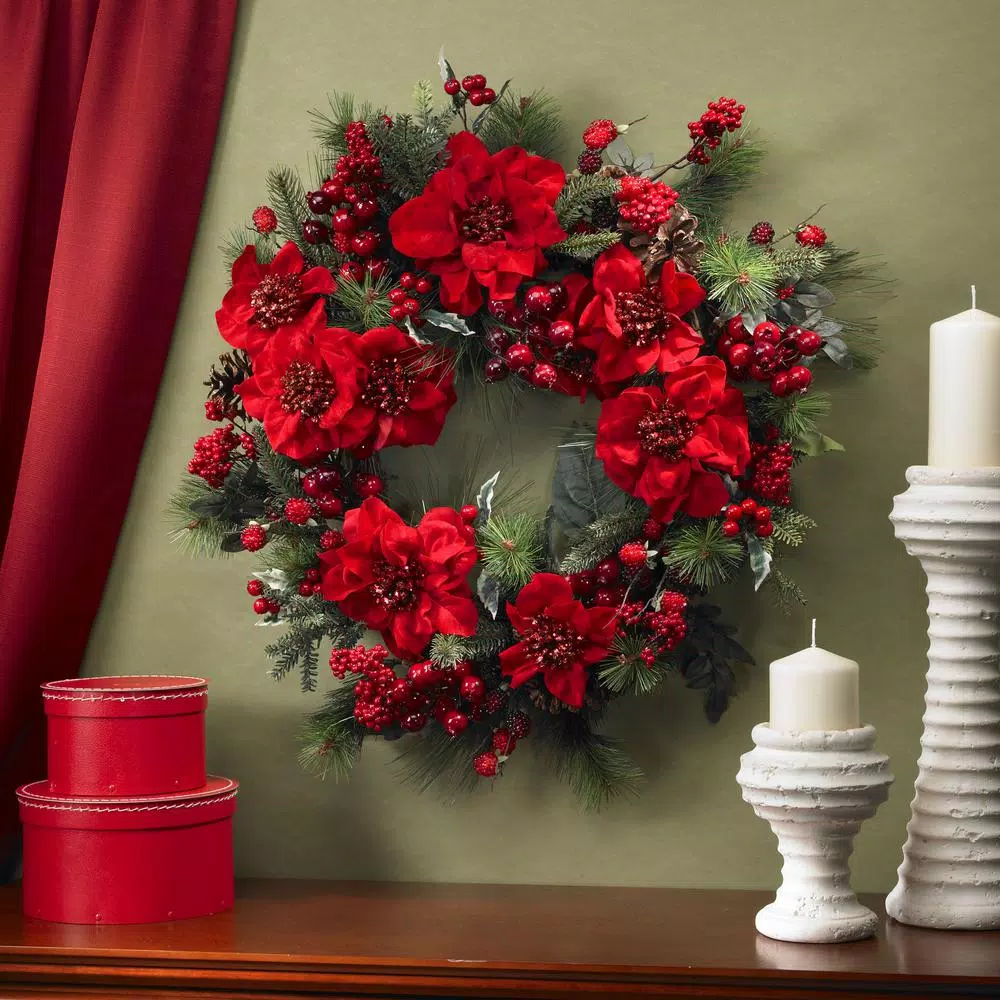 Nearly Natural 24 in. Artificial Poinsettia and Pine Wreath with Berries and Pine Cones, Red
