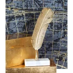 CosmoLiving by Cosmopolitan Gold Aluminum Feather Sculpture with White Marble Base - Antique Quill Decor thumbnail 1
