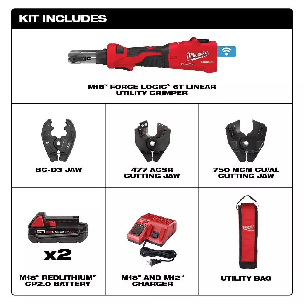 Milwaukee M18 FORCE LOGIC 6-Ton Cordless Utility Crimping Kit with BG-D3 Jaw